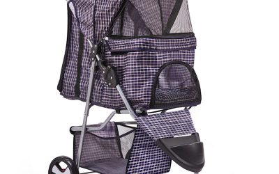 Pet Dog Cat Stroller Pram 3 Wheel Violet Plaid