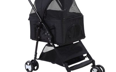 Pet Dog Cat Stroller Pram 4 Wheel With Detachable Carrier Black