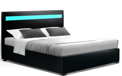 Leather Bed Frame LED Black Cole