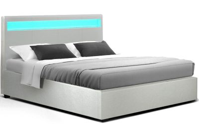 Leather Bed Frame LED White Cole